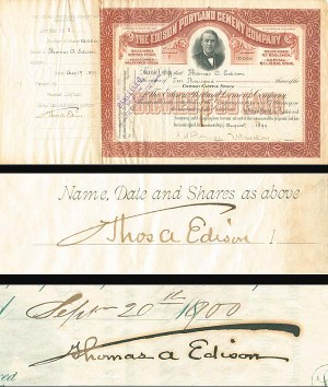 Edison Portland Cement Co. signed twice by Edison - Stock Certificate
